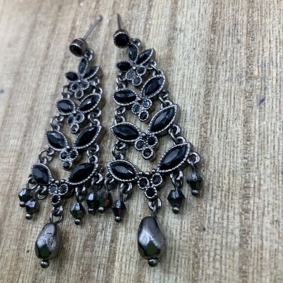 Monet Black Rhinestone Silver Tone Chandelier Beaded Stud Earrings - Picture 6 of 8